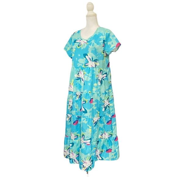 Large Summer Tiered Printed Aqua Blue Maxi Dress Light Weight - Picture 3 of 5